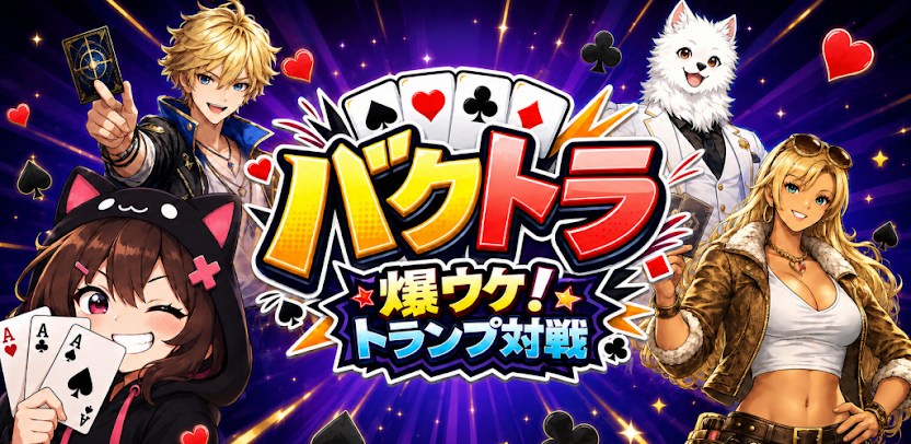 Banner image showing four characters holding playing cards, with the Bakutora logo at the center
