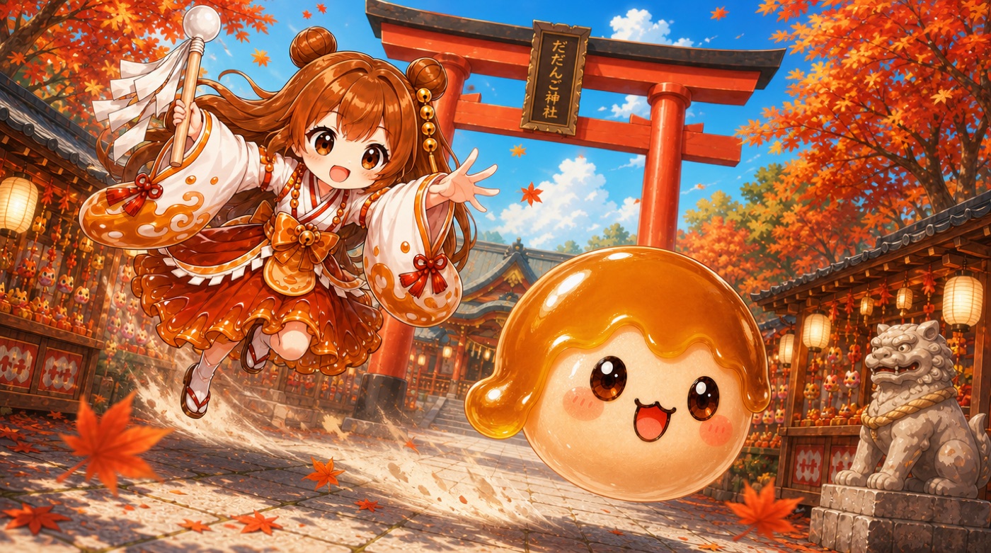 A shrine maiden and a mitarashi-glazed dango character running side by side at a shrine amid autumn leaves and a torii gate