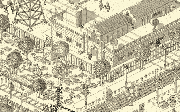 Une ville dessinée au stylo à bille avec un grand luxe de détails, vue selon un angle plongeant en diagonale, avec des voies ferrées, un passage à niveau, des arbres et des passants