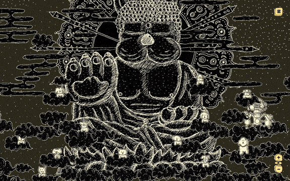 Une statue géante de Bouddha dessinée en lignes blanches sur fond noir, entourée de nuages et d'une auréole de lumière, avec de petites silhouettes humaines alignées à ses pieds