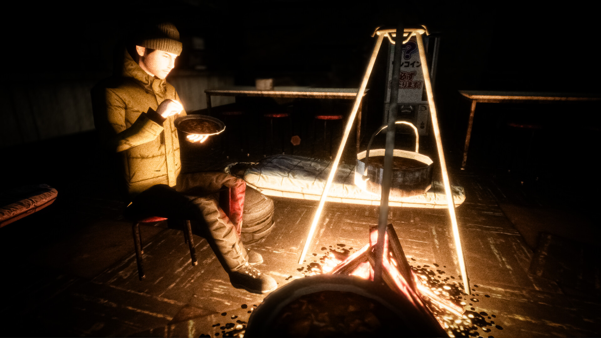 Dentro de una cabaña de montaña en penumbra, una persona con ropa de abrigo y gorro de lana está sentada junto a una olla al fuego, con un plato en las manos