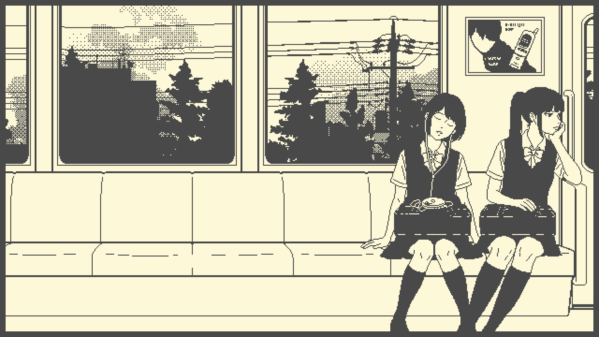 Due liceali in uniforme sedute una accanto all'altra sul sedile di un treno, con pali della luce e alberi visibili dai finestrini, in pixel art a 1 bit