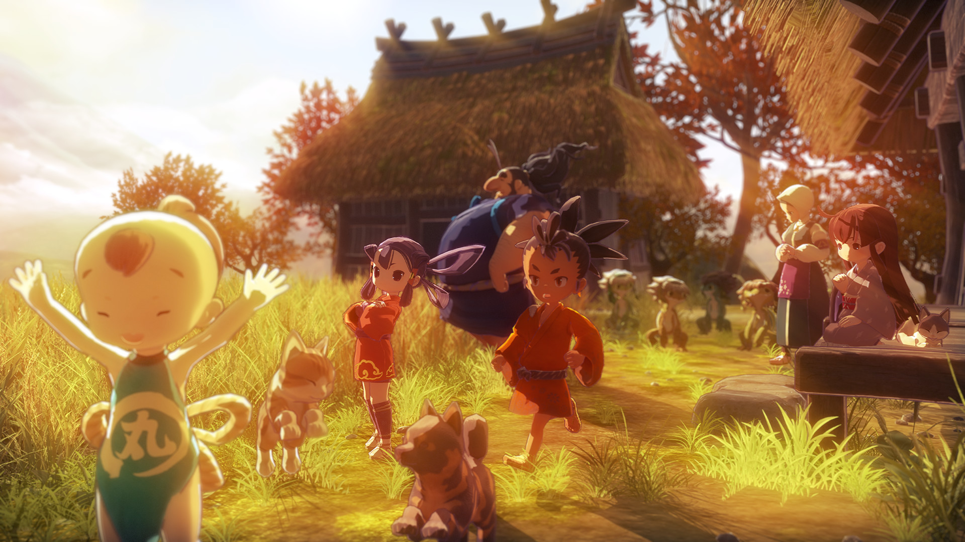 Personaggi, cani e gatti riuniti davanti a case dal tetto di paglia in un villaggio al tramonto in Sakuna: Of Rice and Ruin