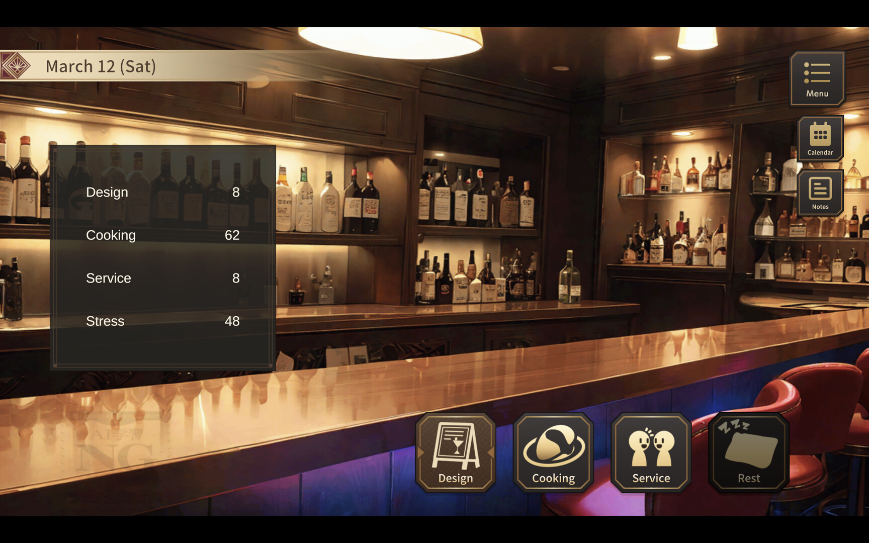 Écran de jeu montrant le comptoir du bar et les étagères de bouteilles, avec les valeurs Design, Cooking, Service et Stress à gauche et les icônes d'actions en bas