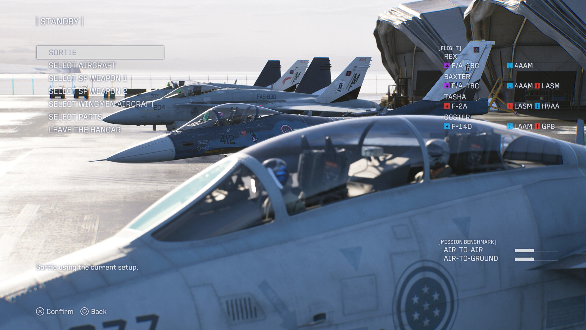 The sortie preparation screen, with SORTIE and SELECT AIRCRAFT listed and a MISSION BENCHMARK readout