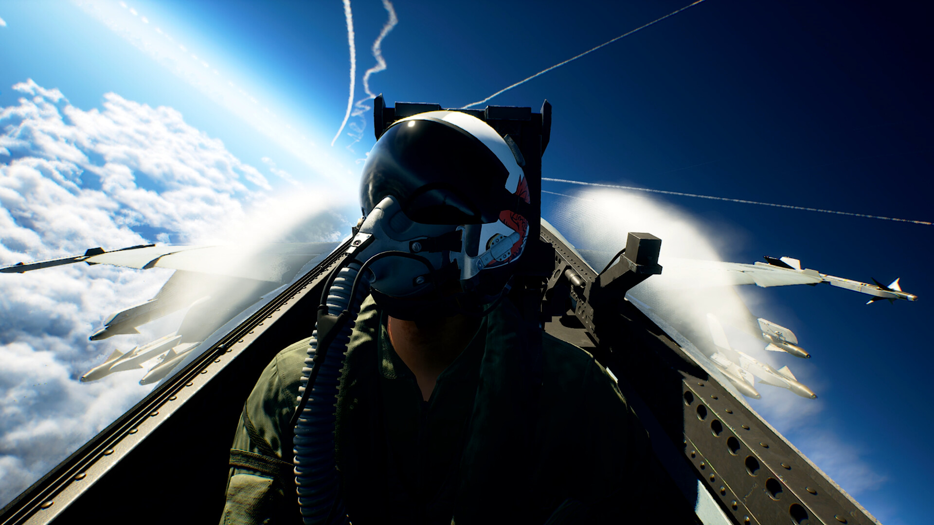 A pilot in the cockpit, with the rest of the formation close behind