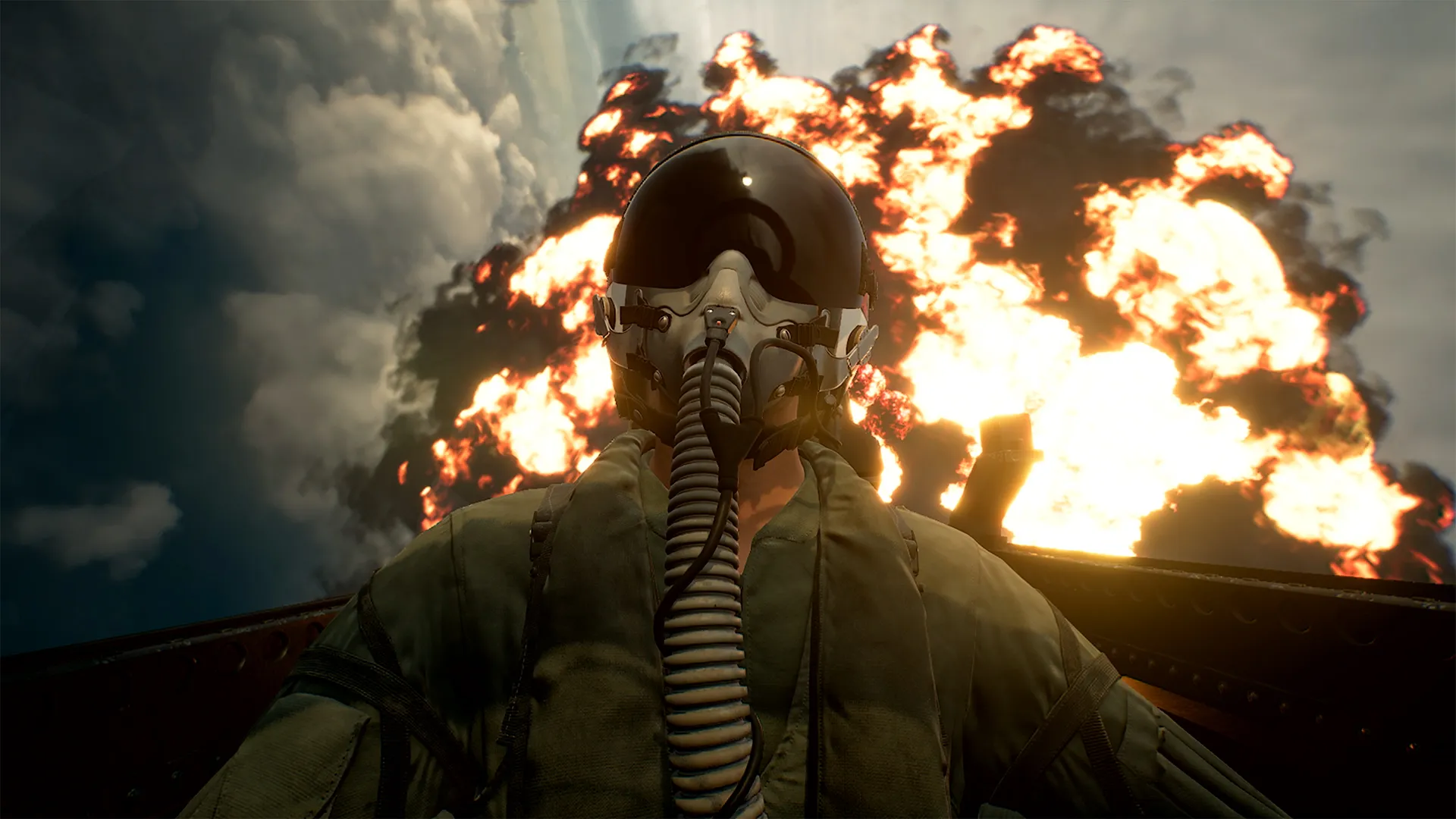 A pilot with an explosion at their back