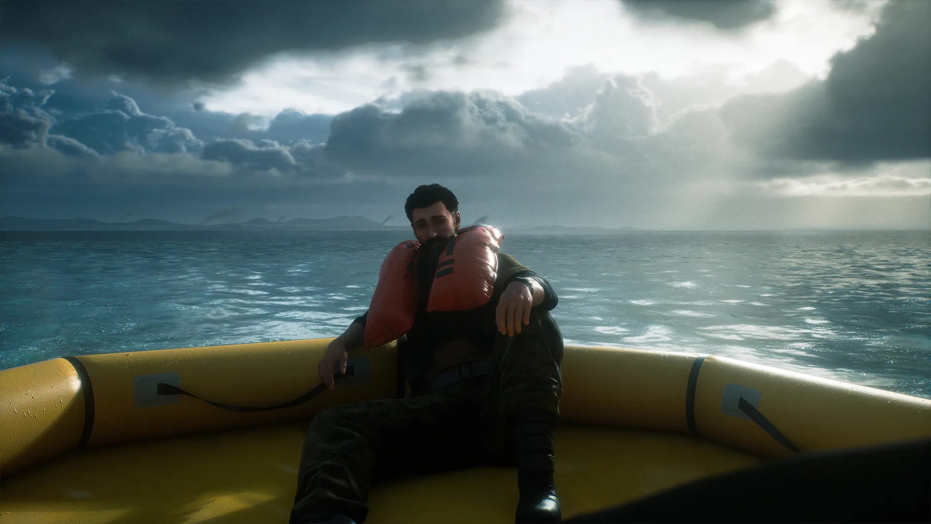 A pilot sitting in a life raft at sea