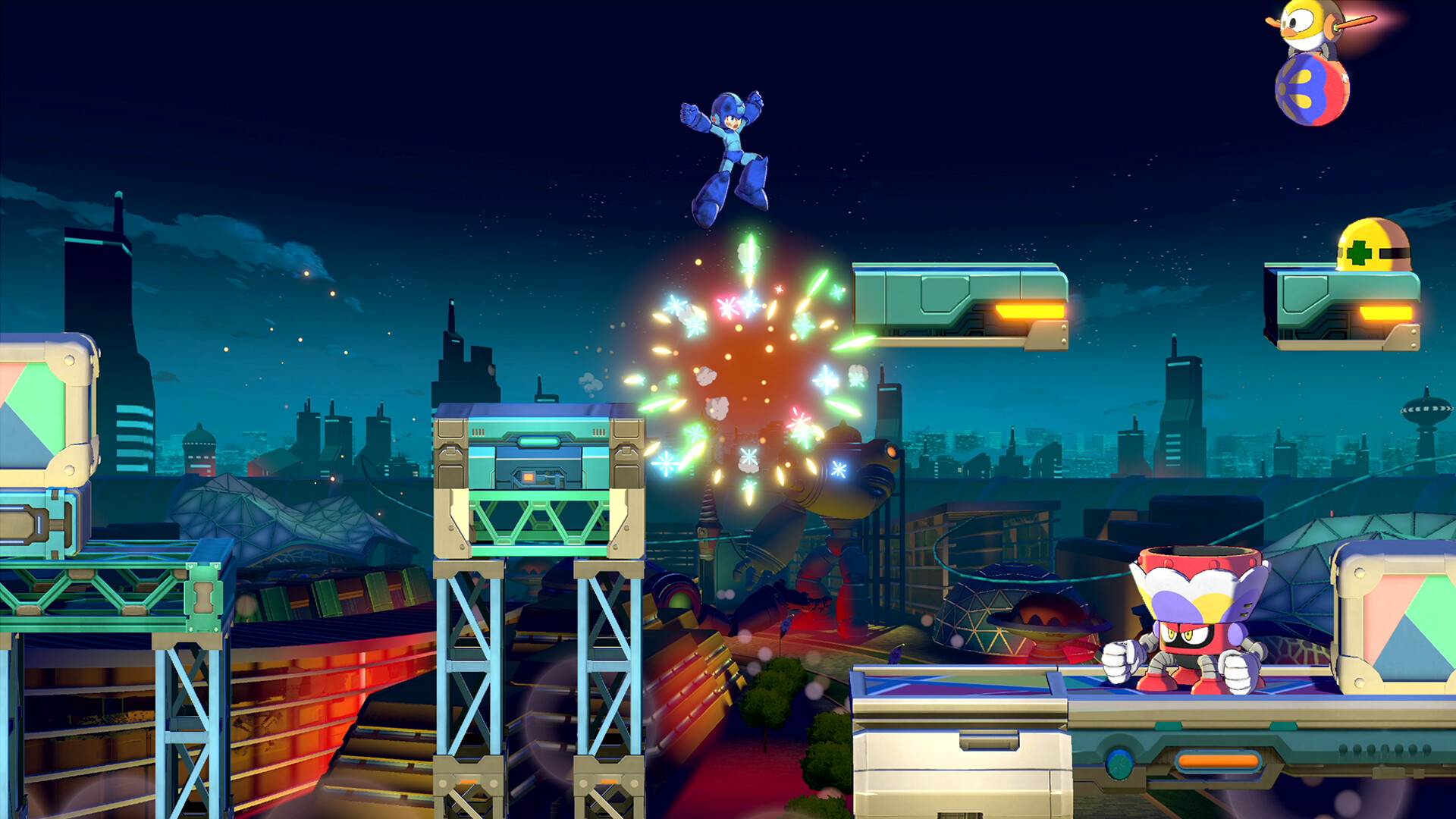 A stage with fireworks going up in the night sky