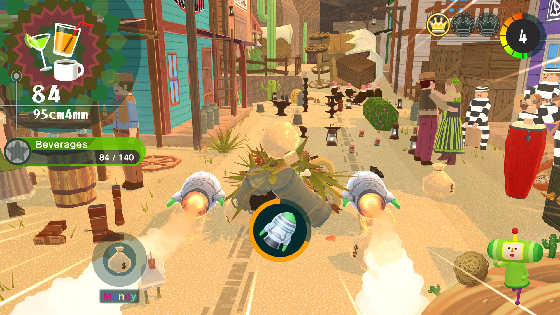 The stage objective (Beverages 84/140) and the current size, shown in the English UI
