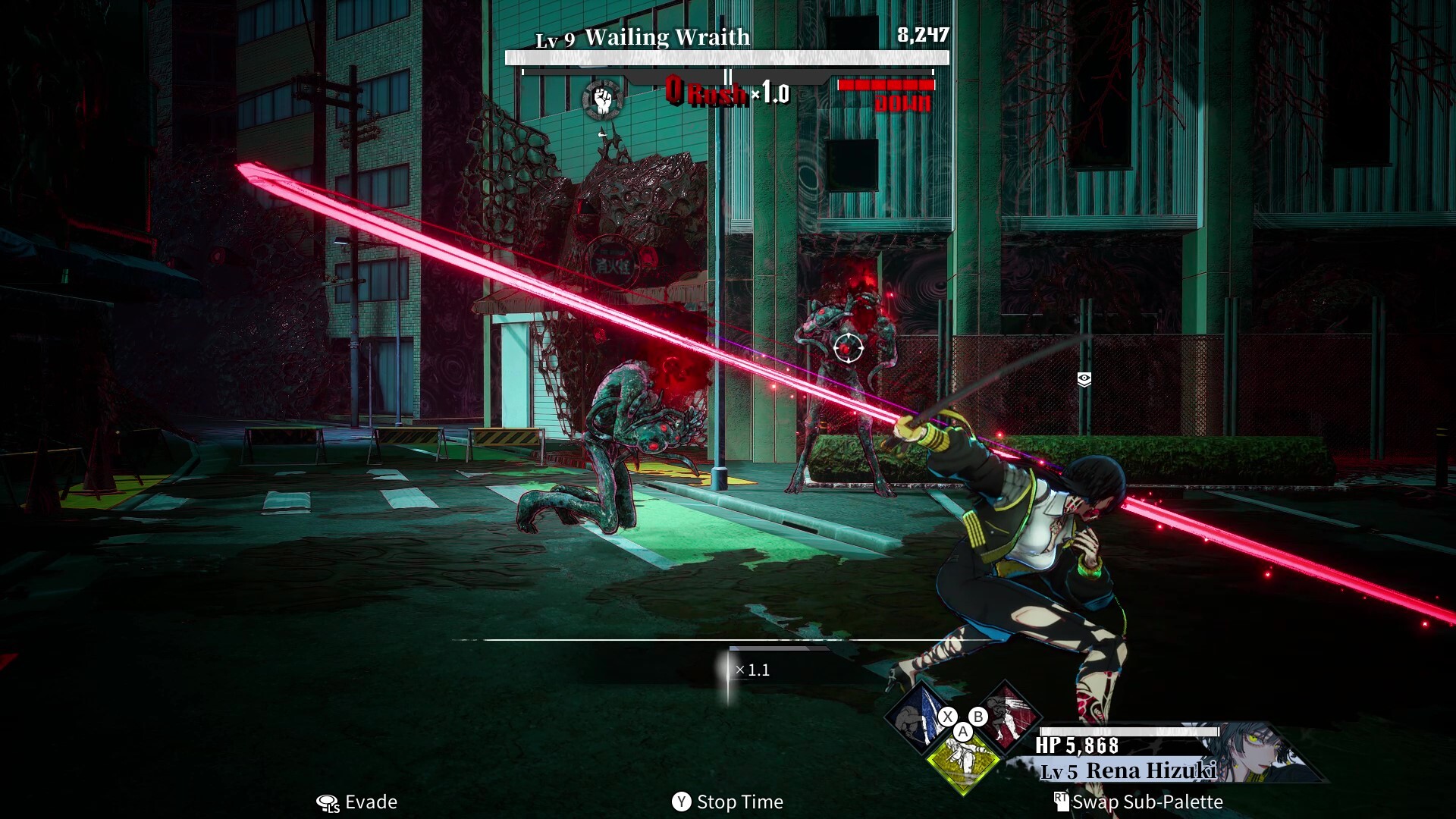 A standard battle screen, with Stop Time and Evade visible in the English UI