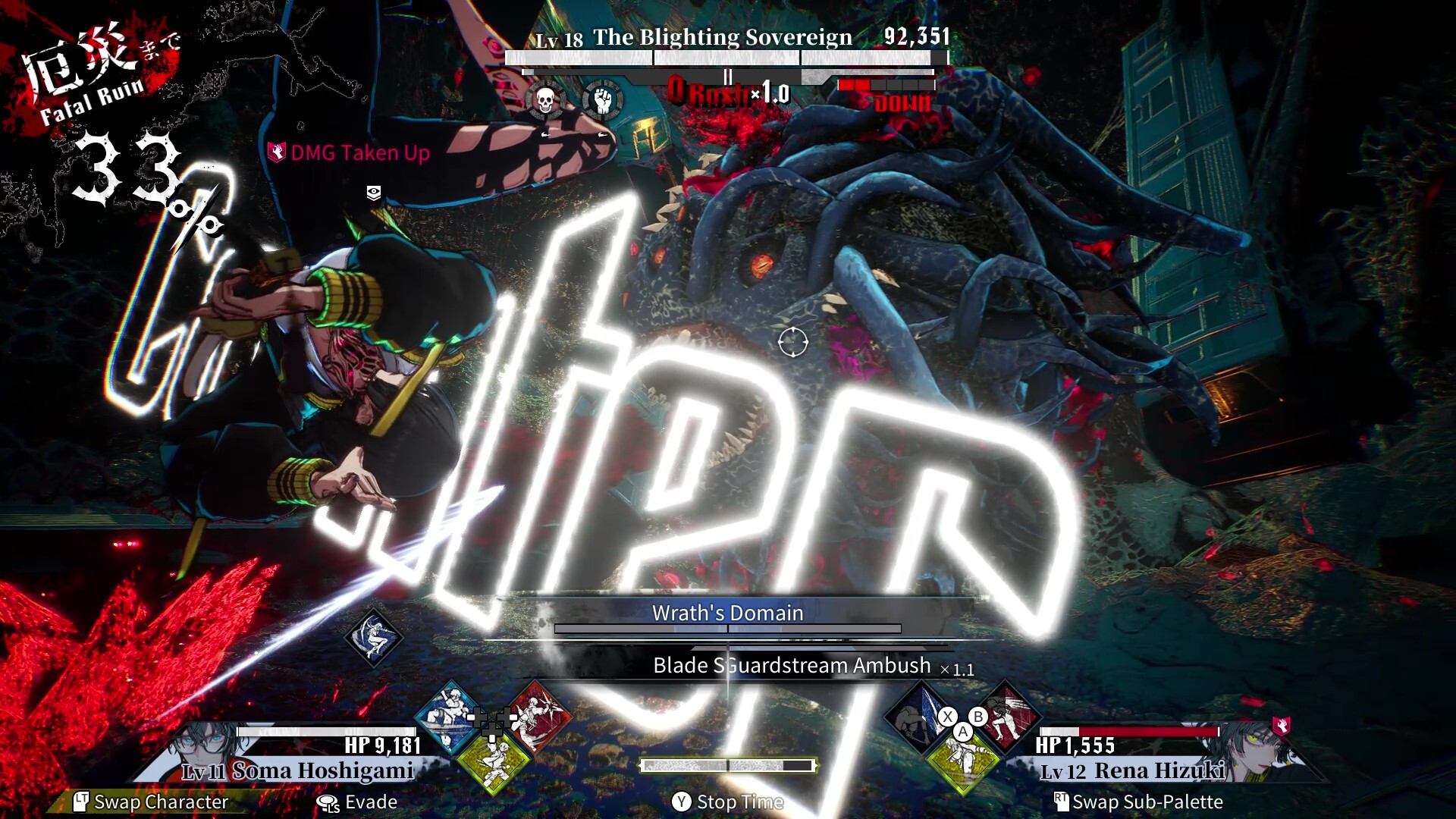 A boss fight, with a special move playing out (Wrath's Domain)