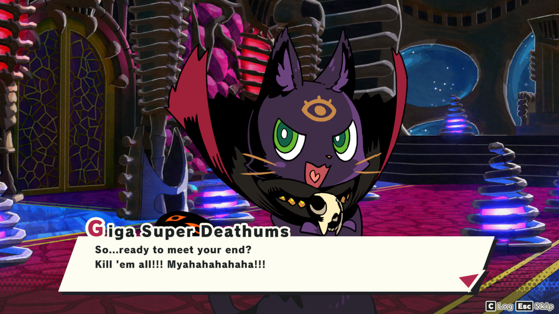 A scene with Giga Super Deathums, drawn in a very different art style
