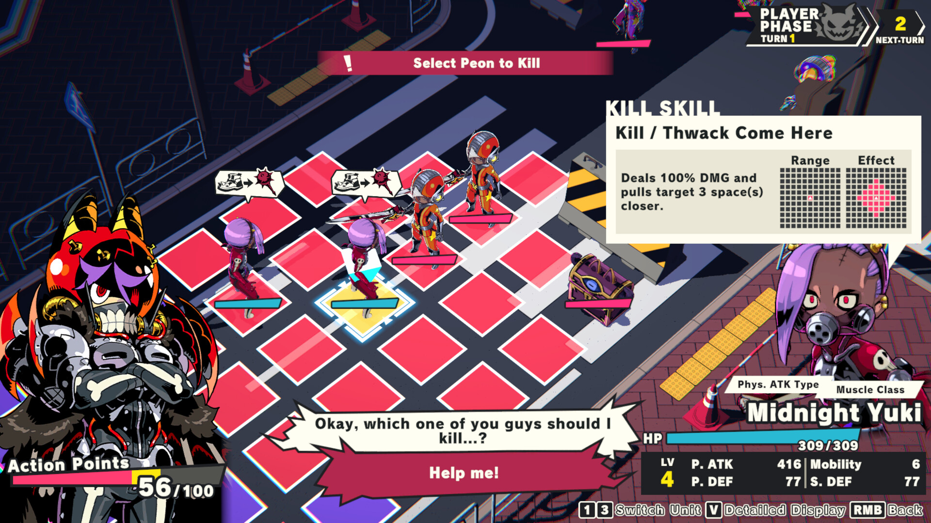 An SRPG battle grid showing Select Peon to Kill
