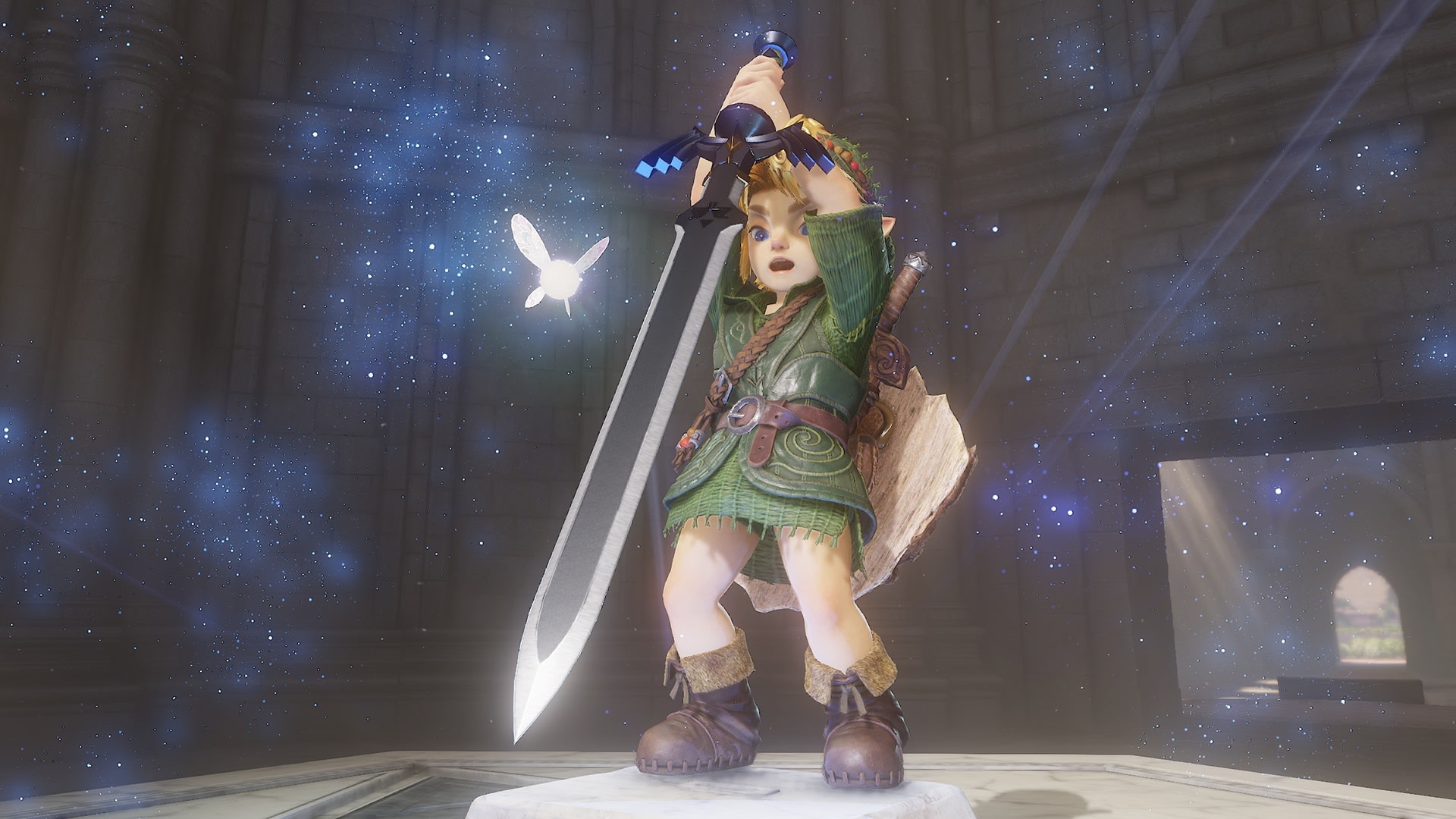 Link zieht das Master Sword aus seinem Sockel im Temple of Time