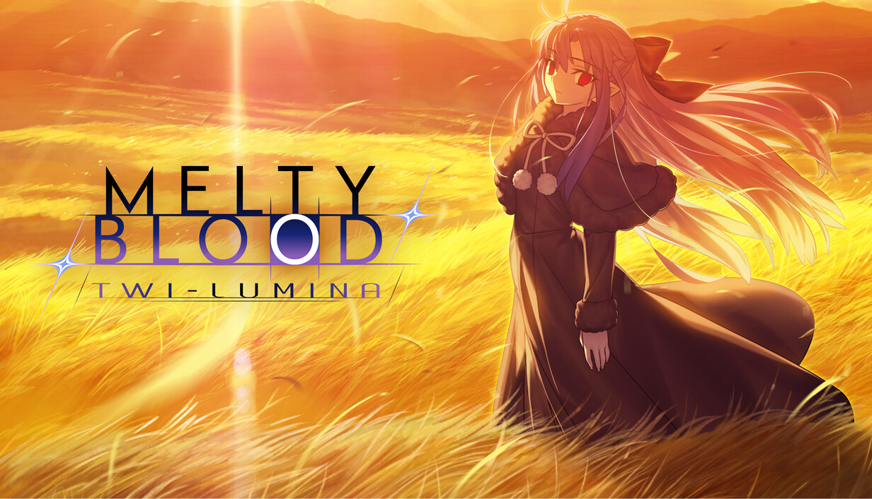 Un personnage aux cheveux longs debout dans une prairie au crépuscule, avec le logo de MELTY BLOOD: TWI-LUMINA