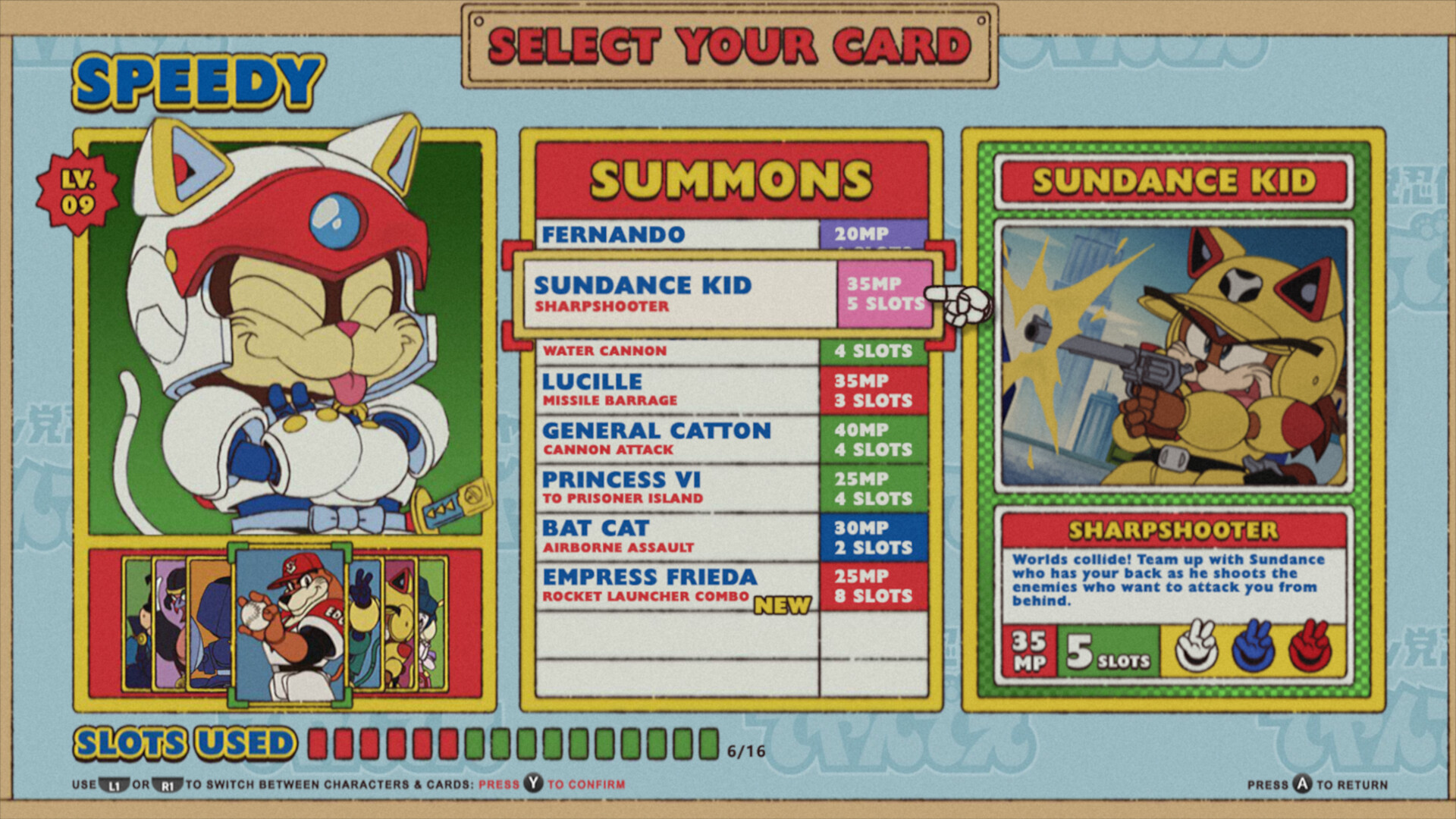 Card selection screen used in battle. Speedy Cerviche is at level 9