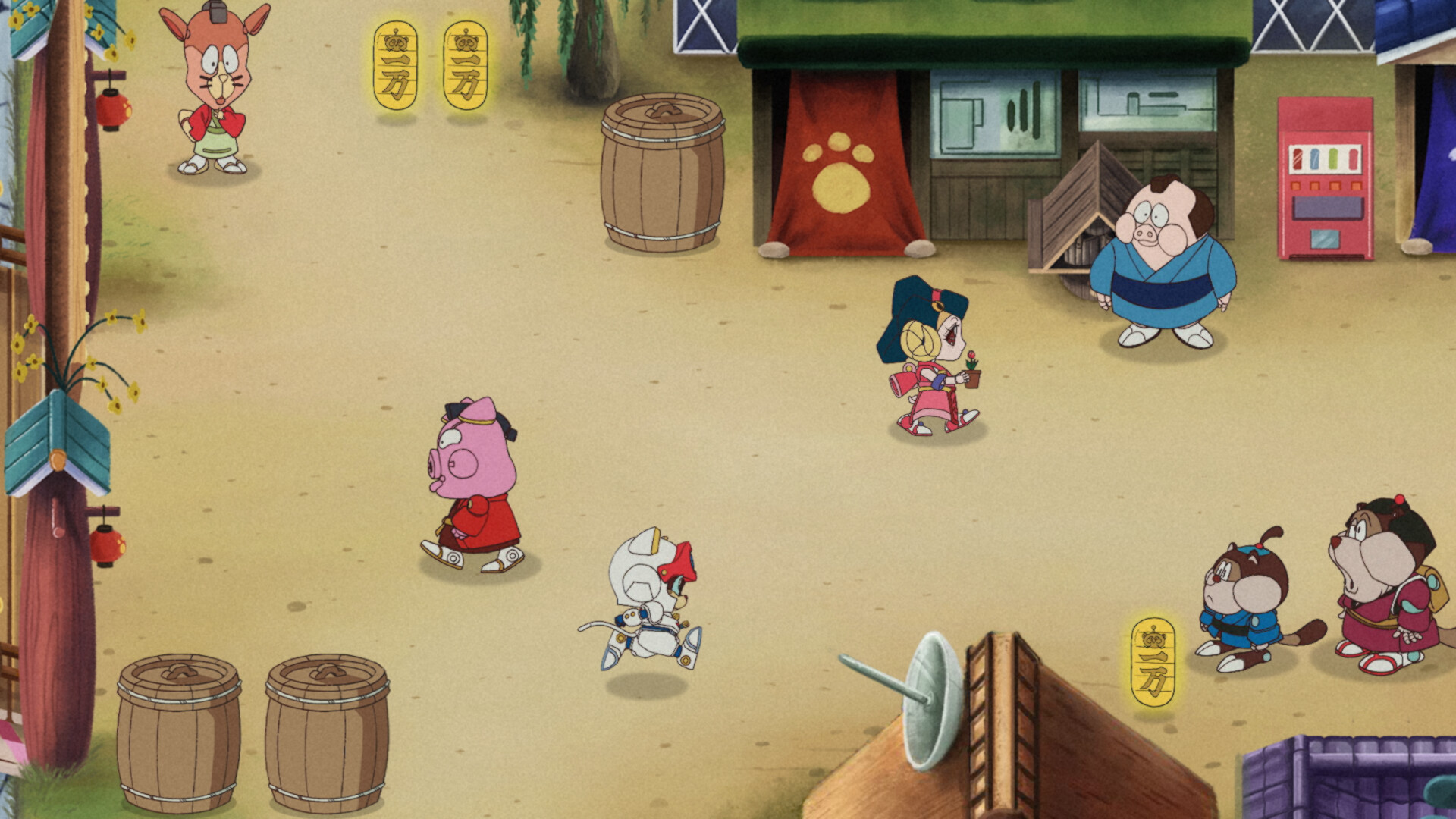 Top-down view of the overworld, with townspeople walking around
