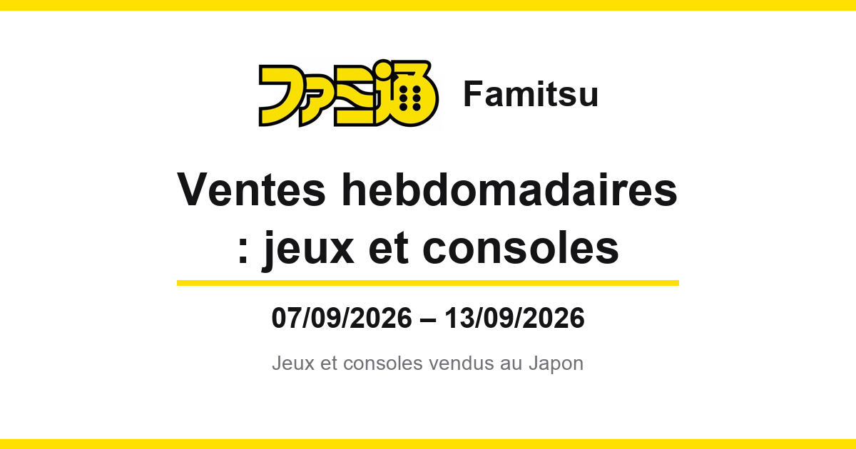 Rhythm Paradise Groove dépasse le million de ventes cumulées au Japon et se classe en tête du classement hebdomadaire pour la 7ᵉ fois avec 24 756 unités — les deux versions d'Onimusha: Way of the Sword entrent dans le top 5 lors de leur deuxième semaine (7 au 13 septembre)