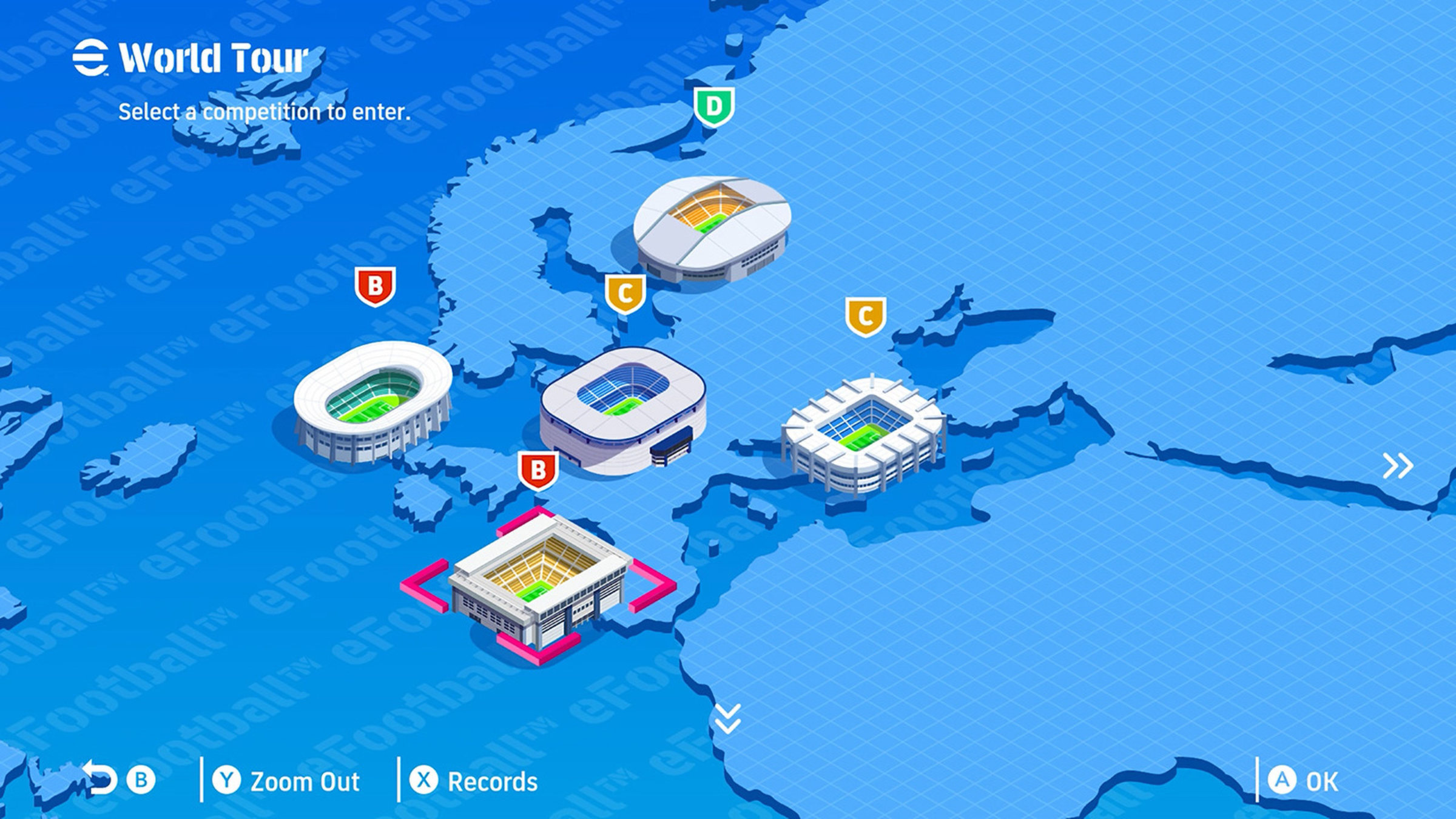 El mapa de World Tour, con estadios repartidos por Europa y el mensaje “Select a competition to enter.”
