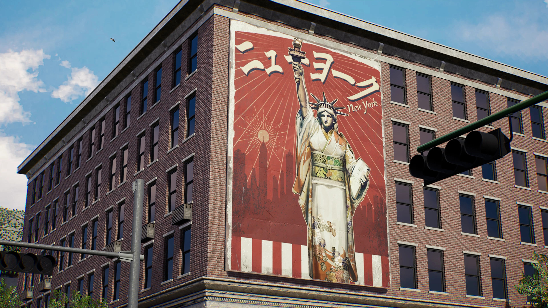 A mural on a building: the Statue of Liberty in a kimono, with “New York” written in Japanese and English