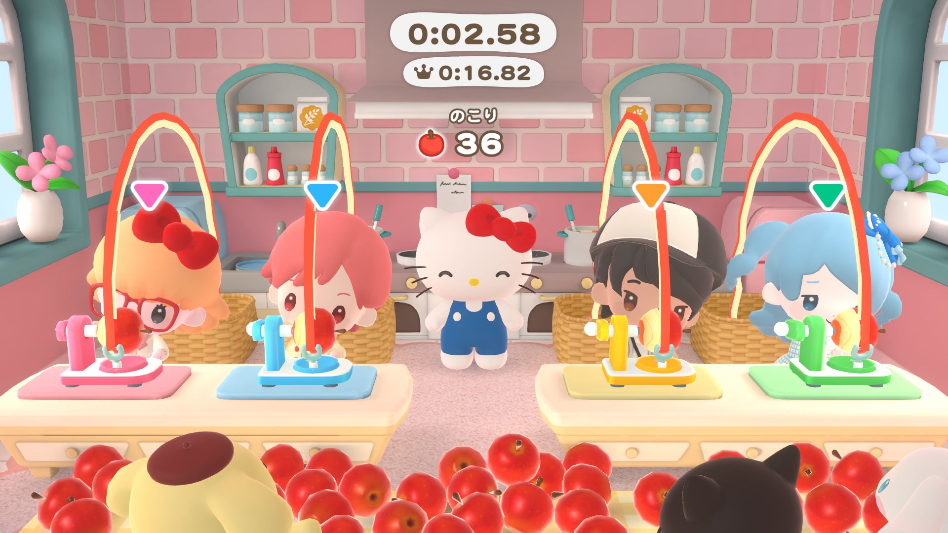 A Hello Kitty minigame: four players peel apples