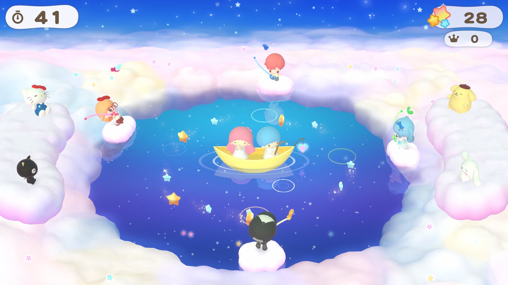 A Little Twin Stars minigame: many characters lined up on the clouds