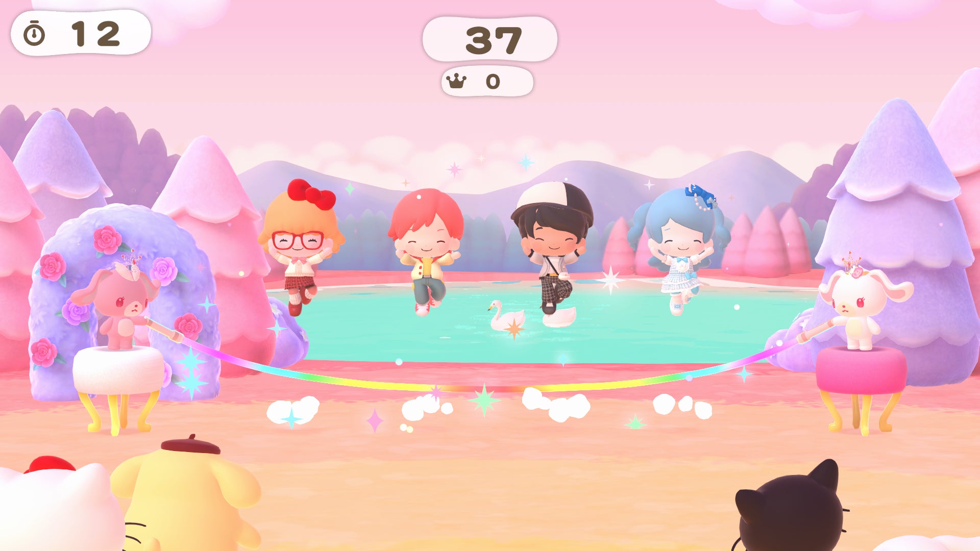 Four players jump a rainbow rope together, a cooperative format with no rankings