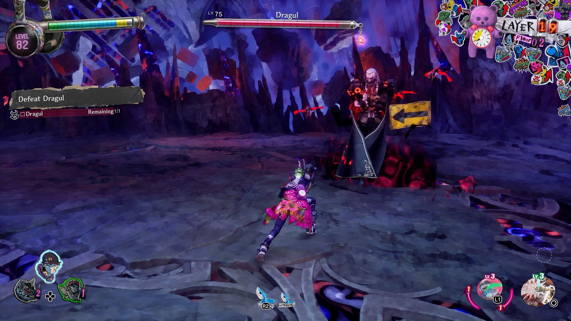 Combat screen. The edges are packed with stickers, and the objective readout looks like it was taped on. The dungeon depth counter sits in the top right.