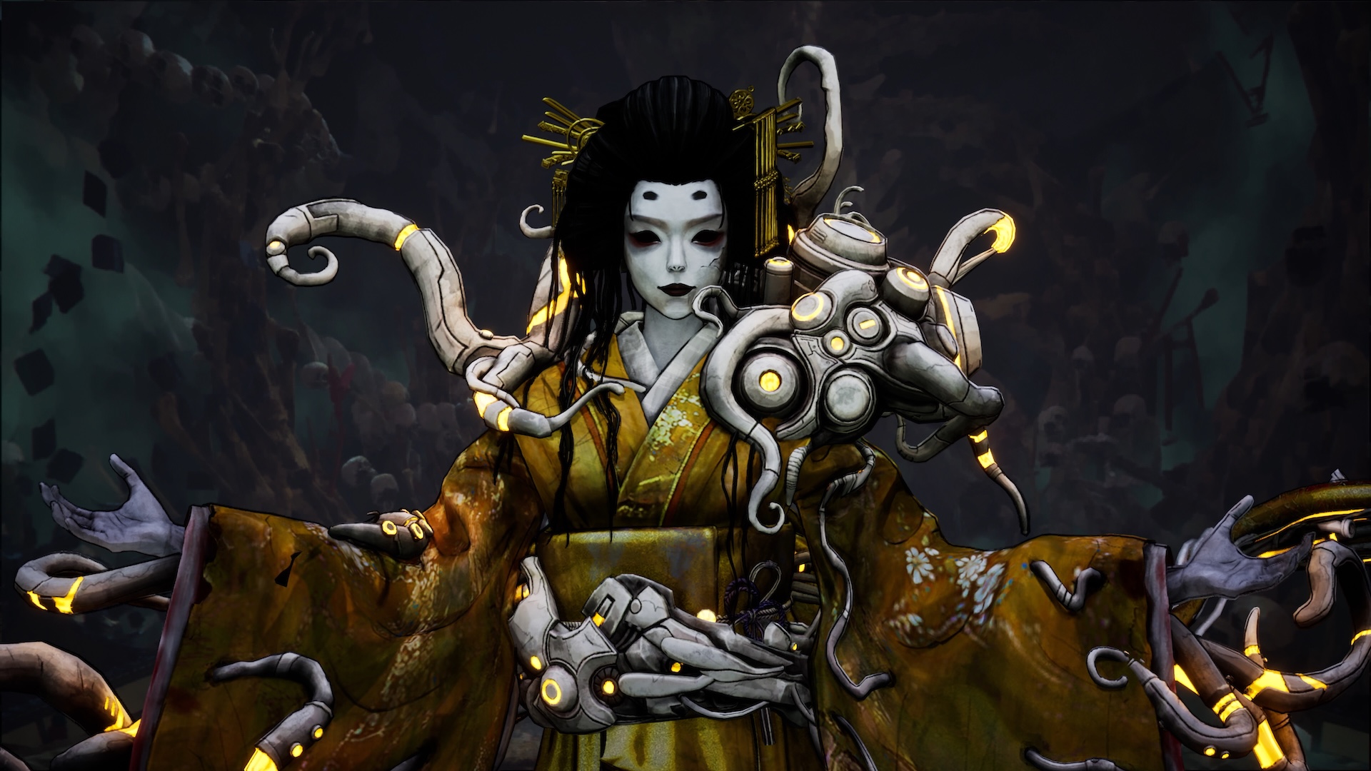 Takiyasha-Hime. A gold kimono with mechanical tentacles.