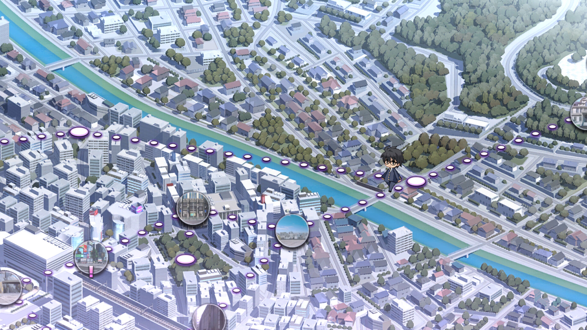 A town map seen from above, with a small character in a dark school uniform and glasses standing on a route of glowing markers