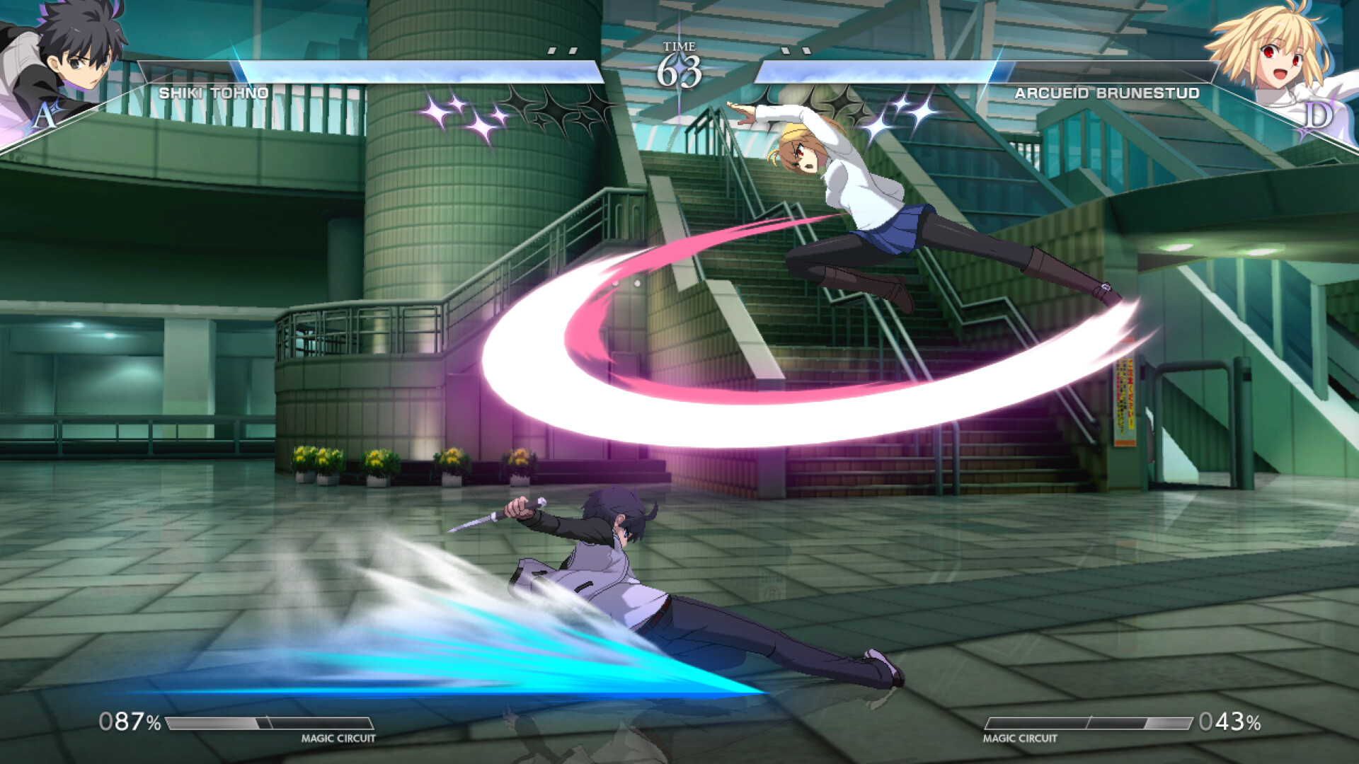 Shiki Tohno and Arcueid Brunestud mid-match; Arcueid leaps with a crescent-shaped slash as Shiki lunges low
