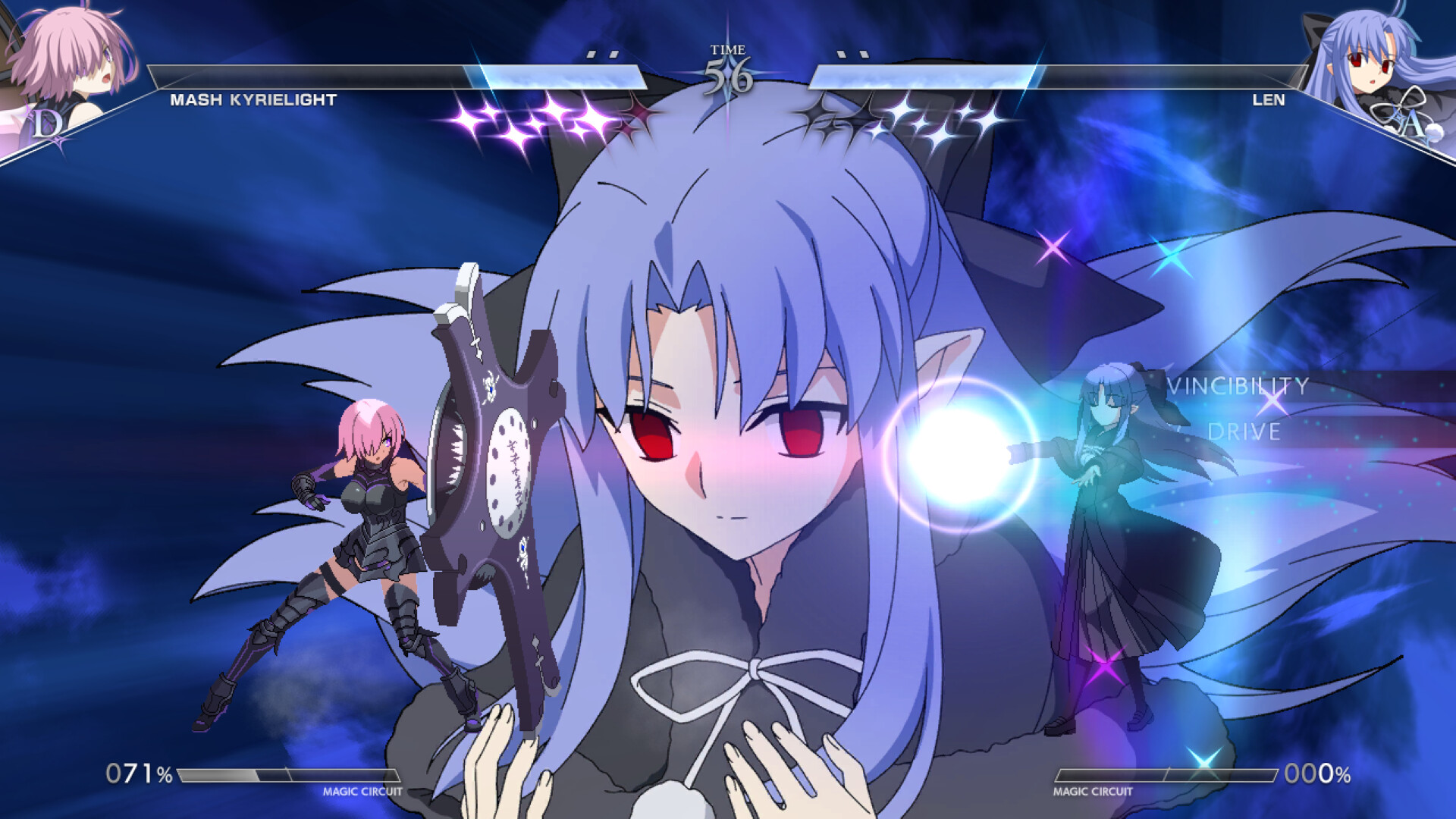 Mash Kyrielight against Len, with a large close-up of Len filling the screen