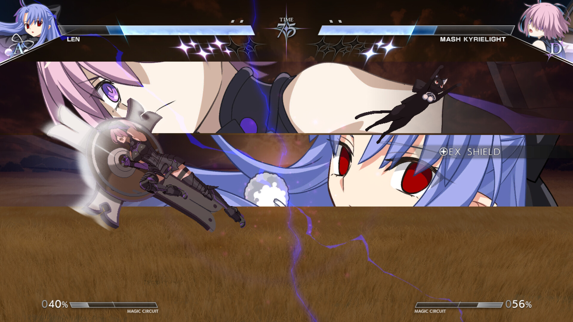 Len and Mash Kyrielight mid-match over a field of dry grass, with close-ups of both characters across the screen