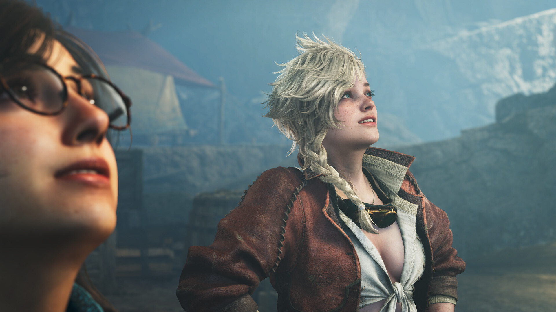 Two characters look upward: one with glasses in the foreground, one with a pale braid and a brown jacket