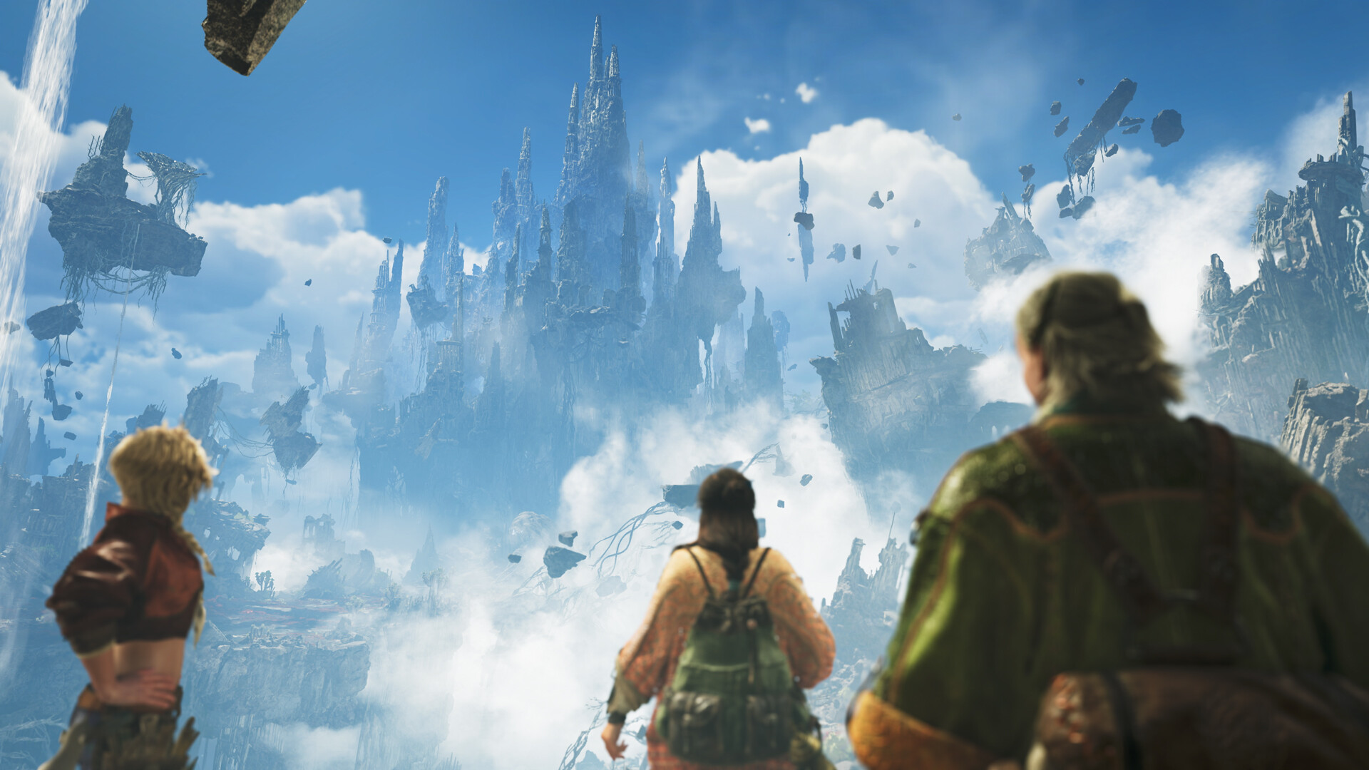 Three people seen from behind look out at rock spires and ruins floating among the clouds
