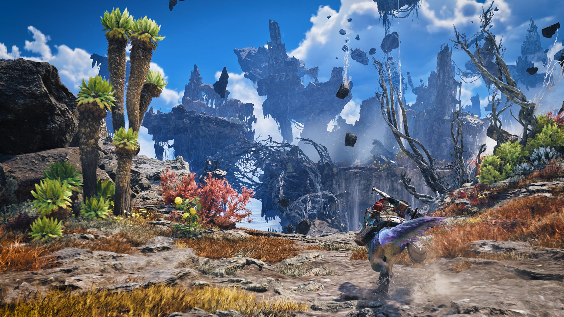 A hunter rides a feathered mount across rocky ground toward floating rock formations