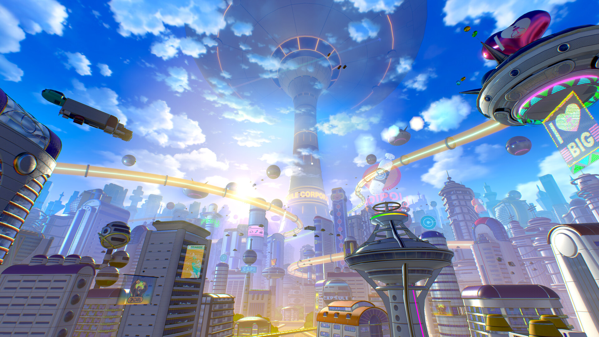 A futuristic city under a blue sky, with a tall tower and pipes and flying vehicles overhead
