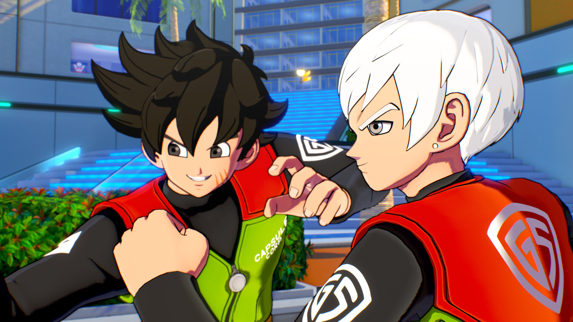 Two characters in red vests with a “GS” emblem, one with spiky black hair and one with white hair, in a plaza in front of a building