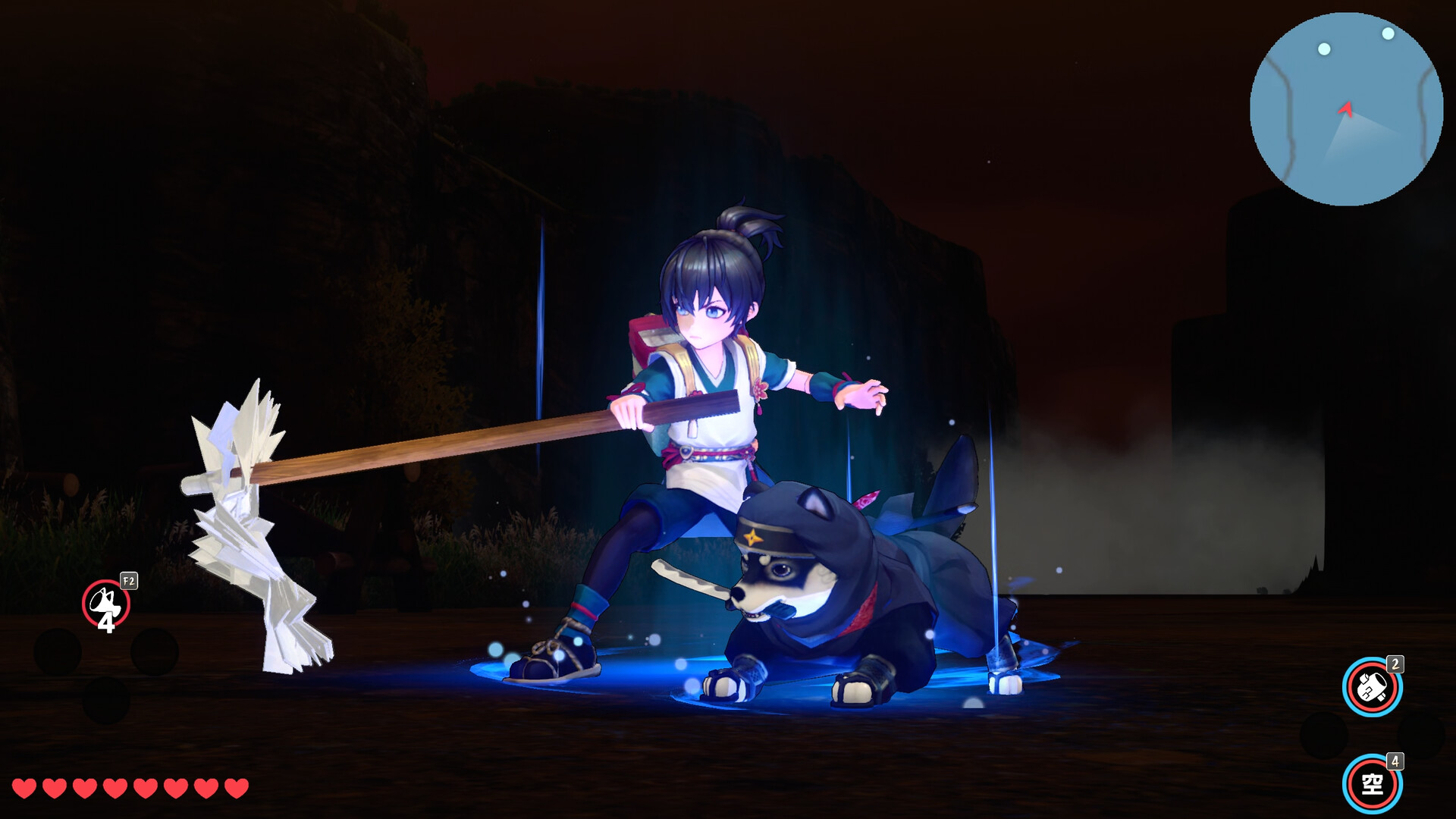 Taiki swings a wooden Shinto wand with white paper streamers at night, while Musashi, in a ninja hood and holding a sword in his mouth, crouches beside him on a glowing blue circle