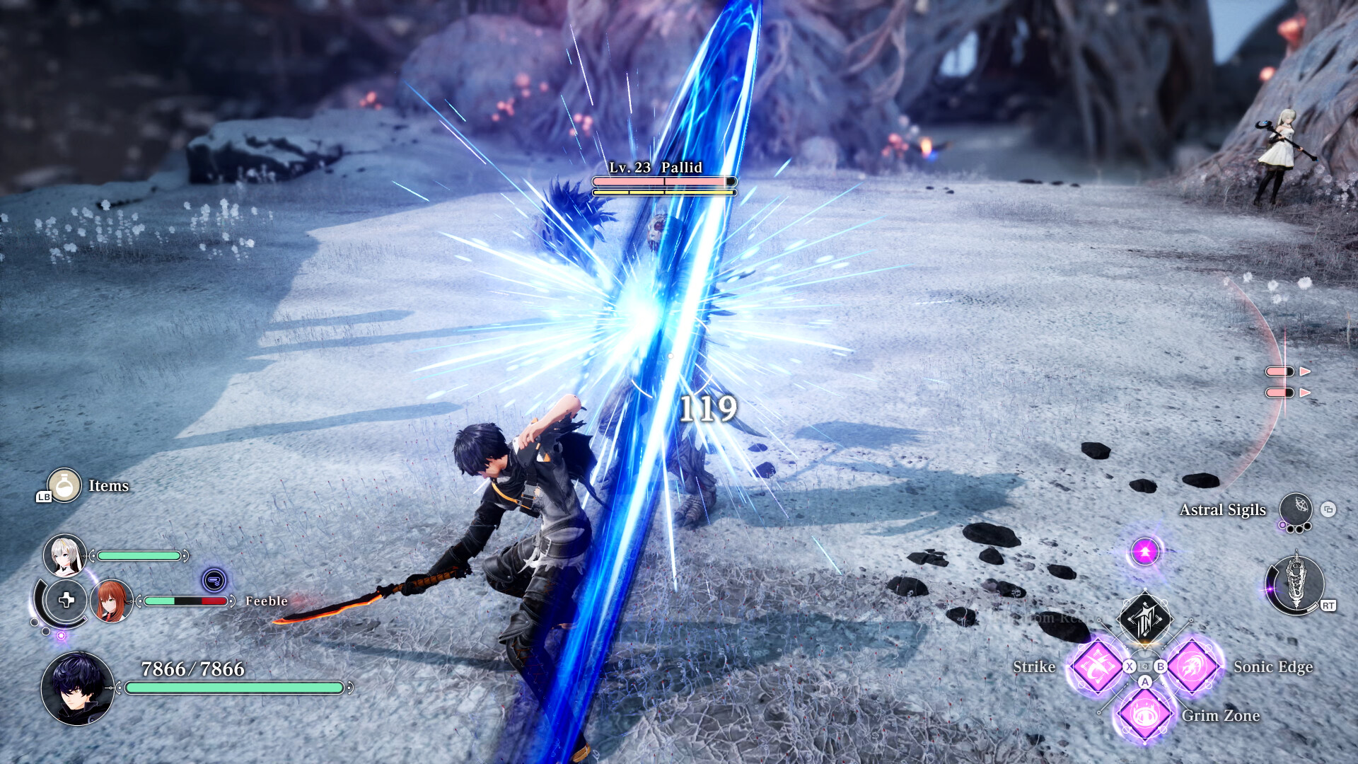 Asch slashes through an enemy in a burst of blue light, with party health bars on the left and the Astral Sigils slot and command icons on the right of the screen