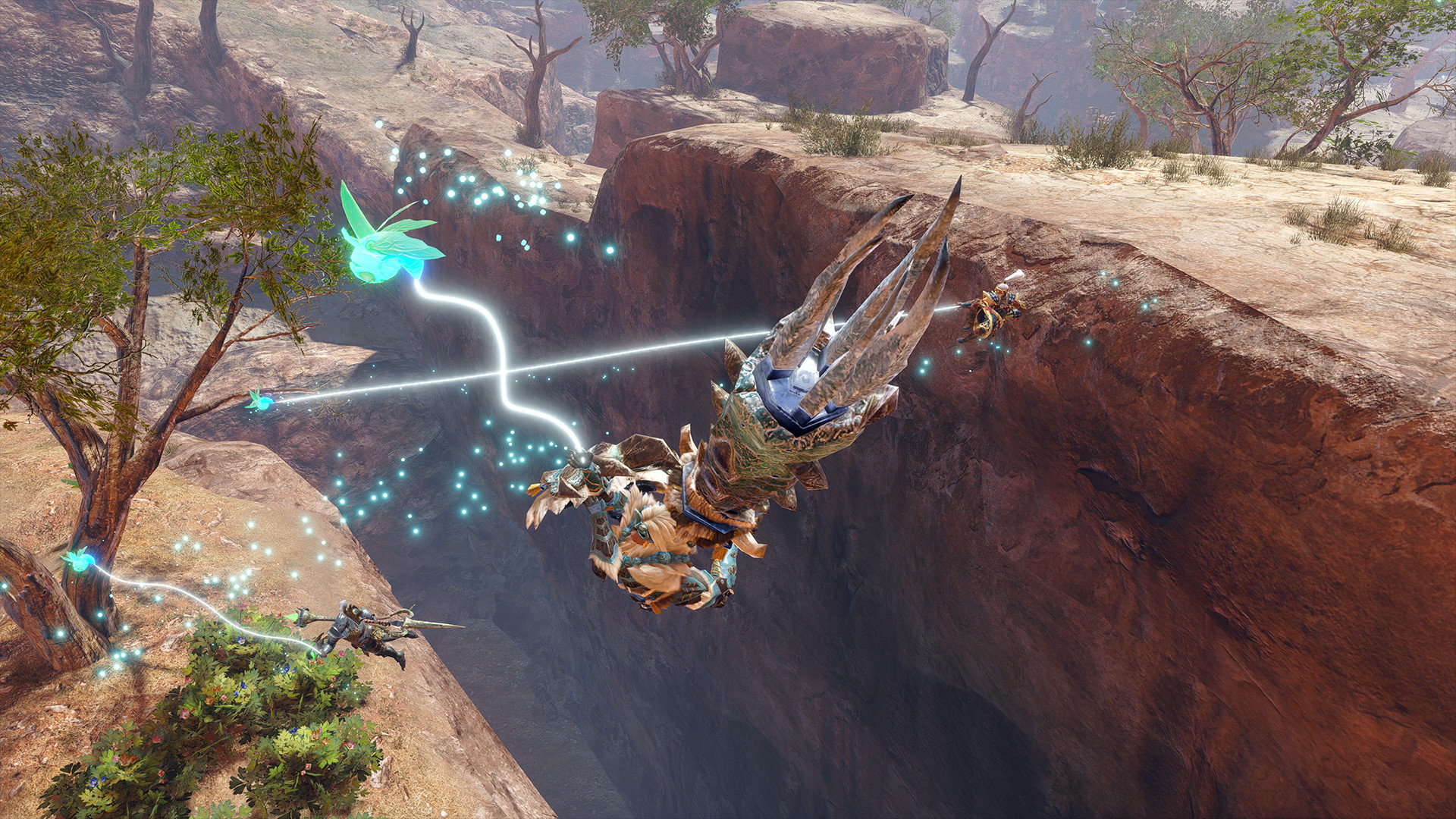 A Hunter moving through the air with the Wirebug