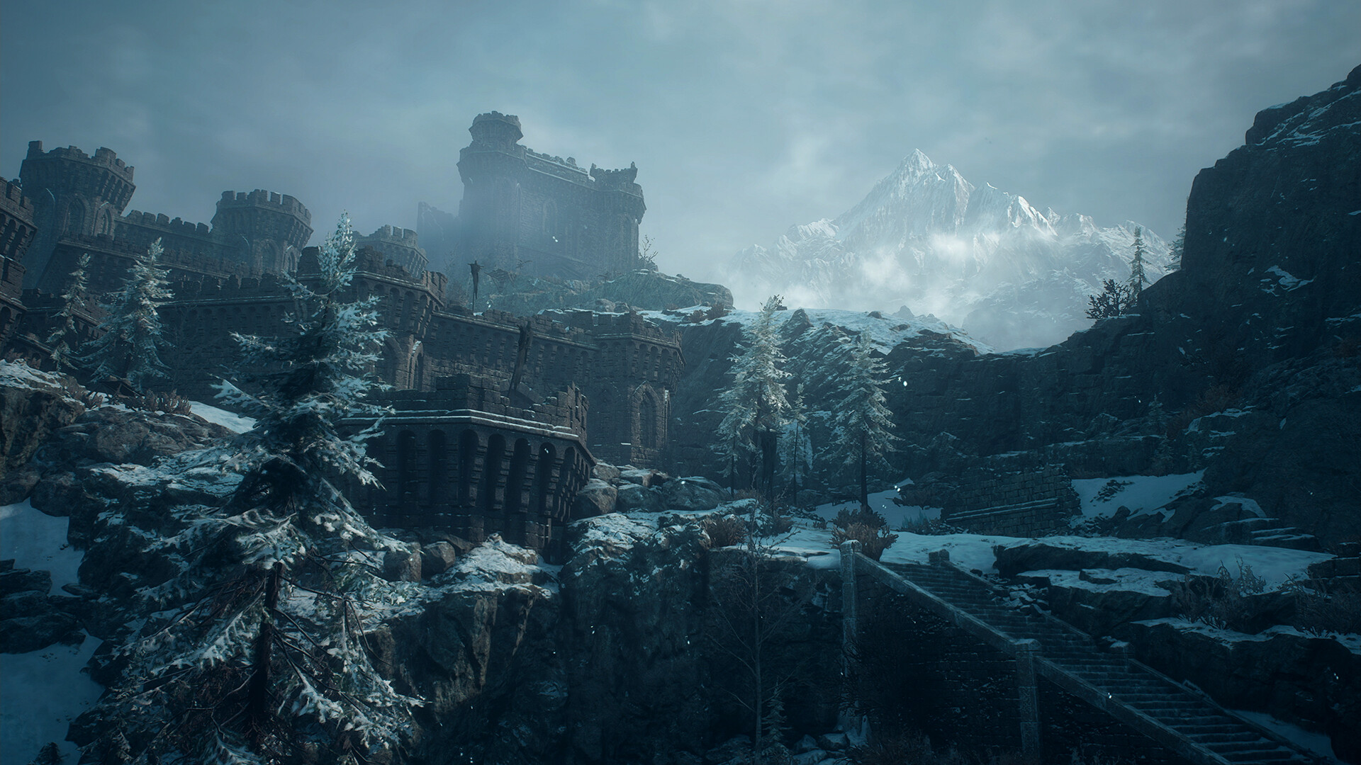 A castle and snowy mountains in Norgan