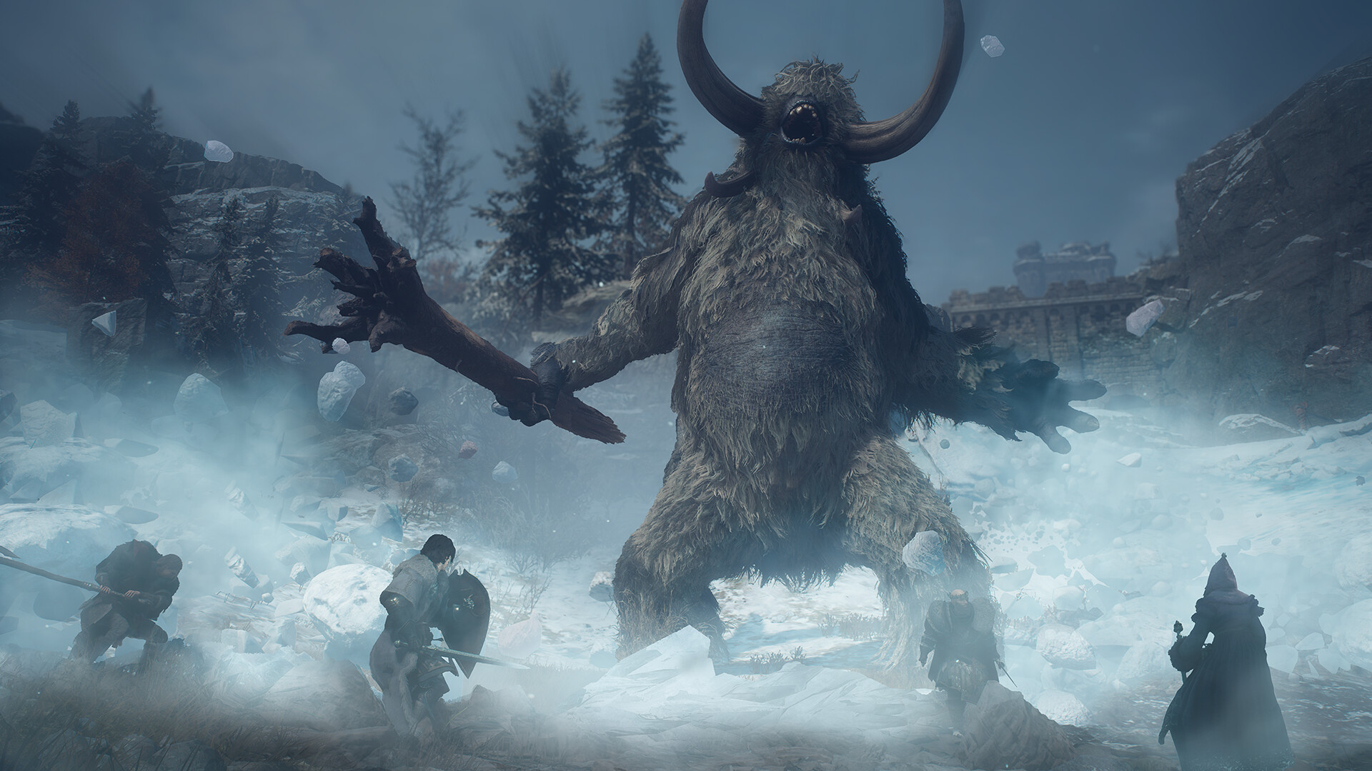 Fighting a giant beast on a snowfield