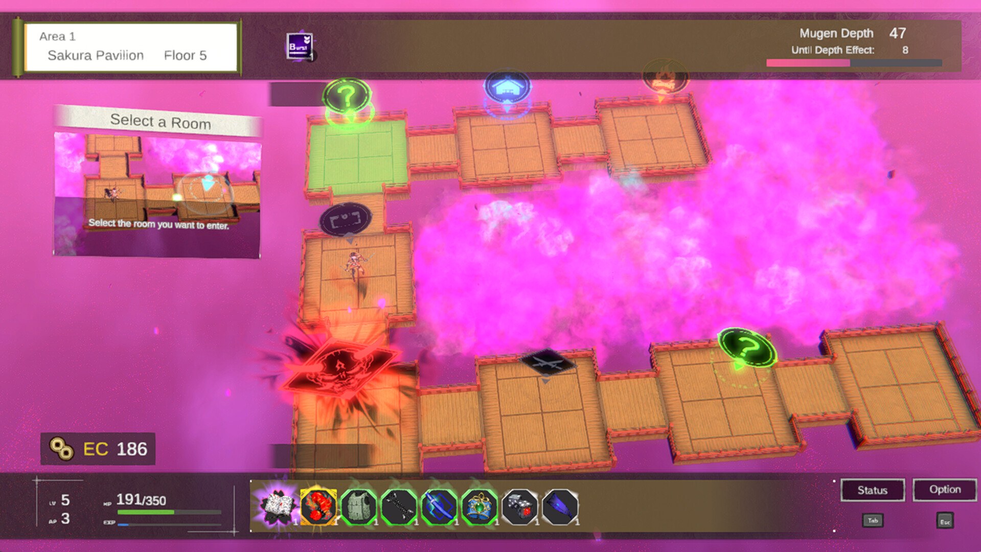 The room-selection map with the depth display
