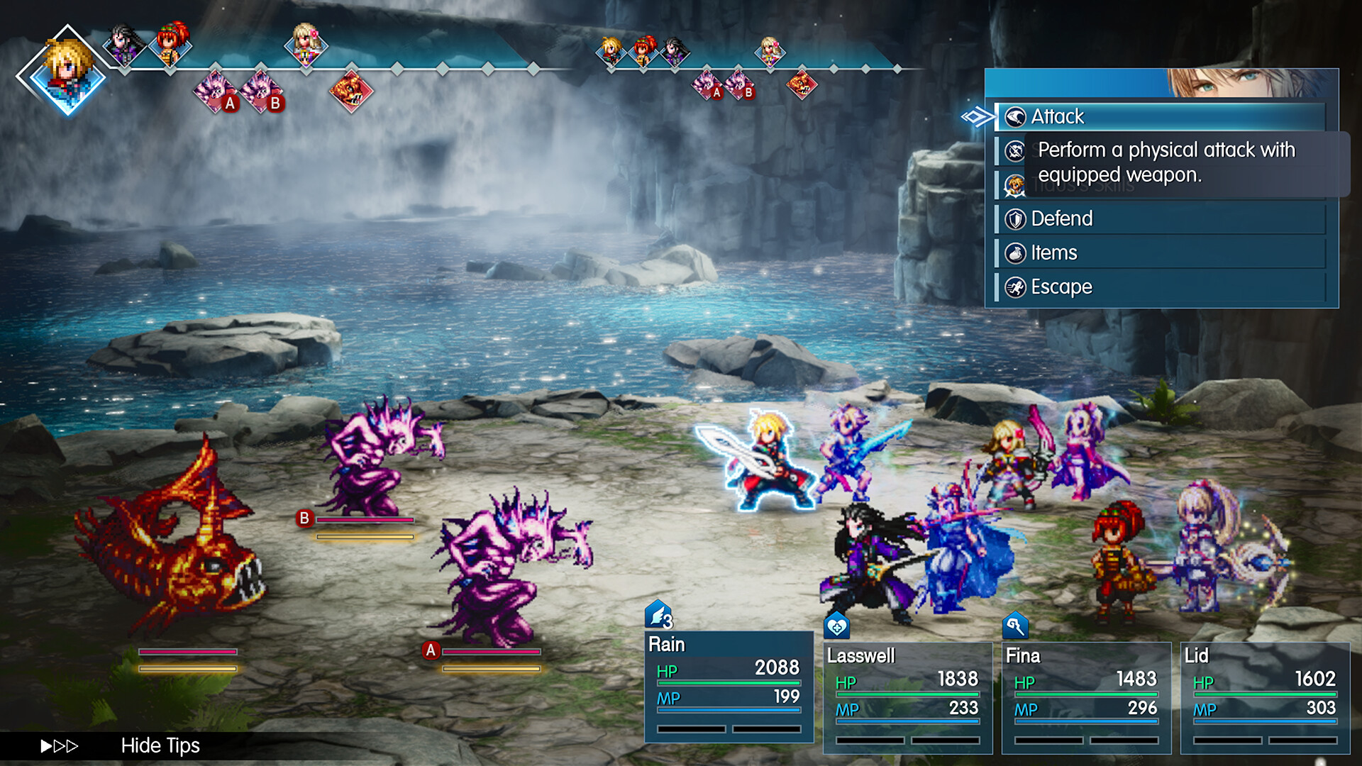 A battle screen, with the turn timeline and the command menu