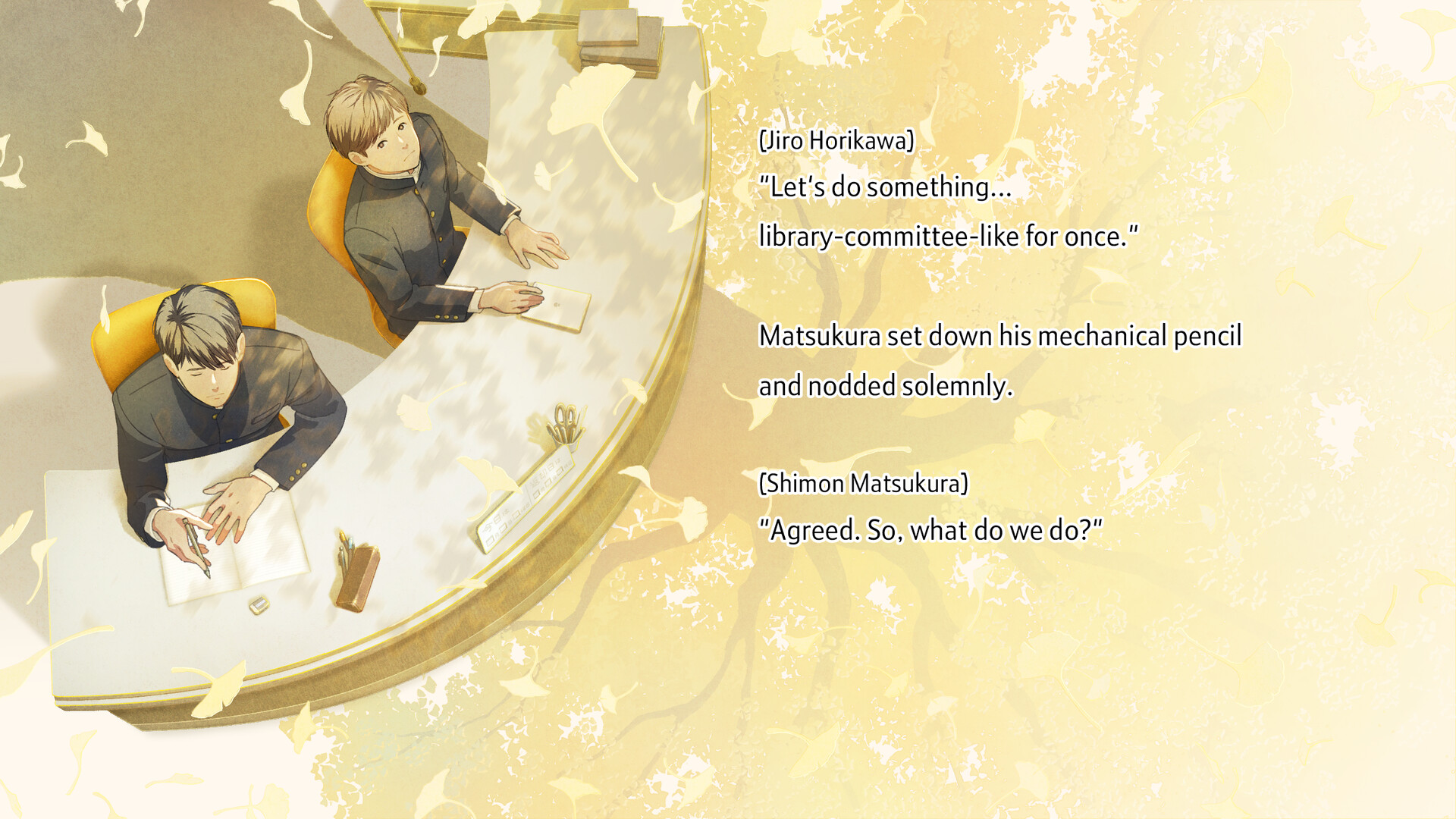 Two characters in the library (English version screenshot)