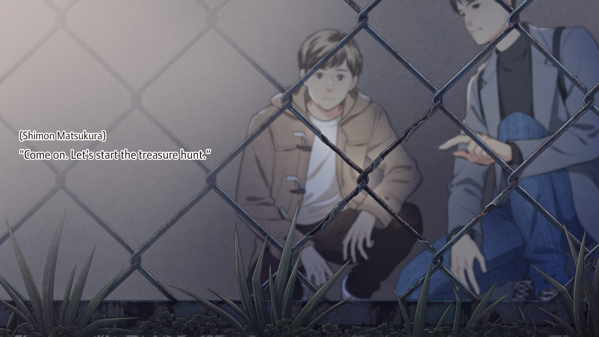 Two characters on either side of a chain-link fence (English version screenshot)