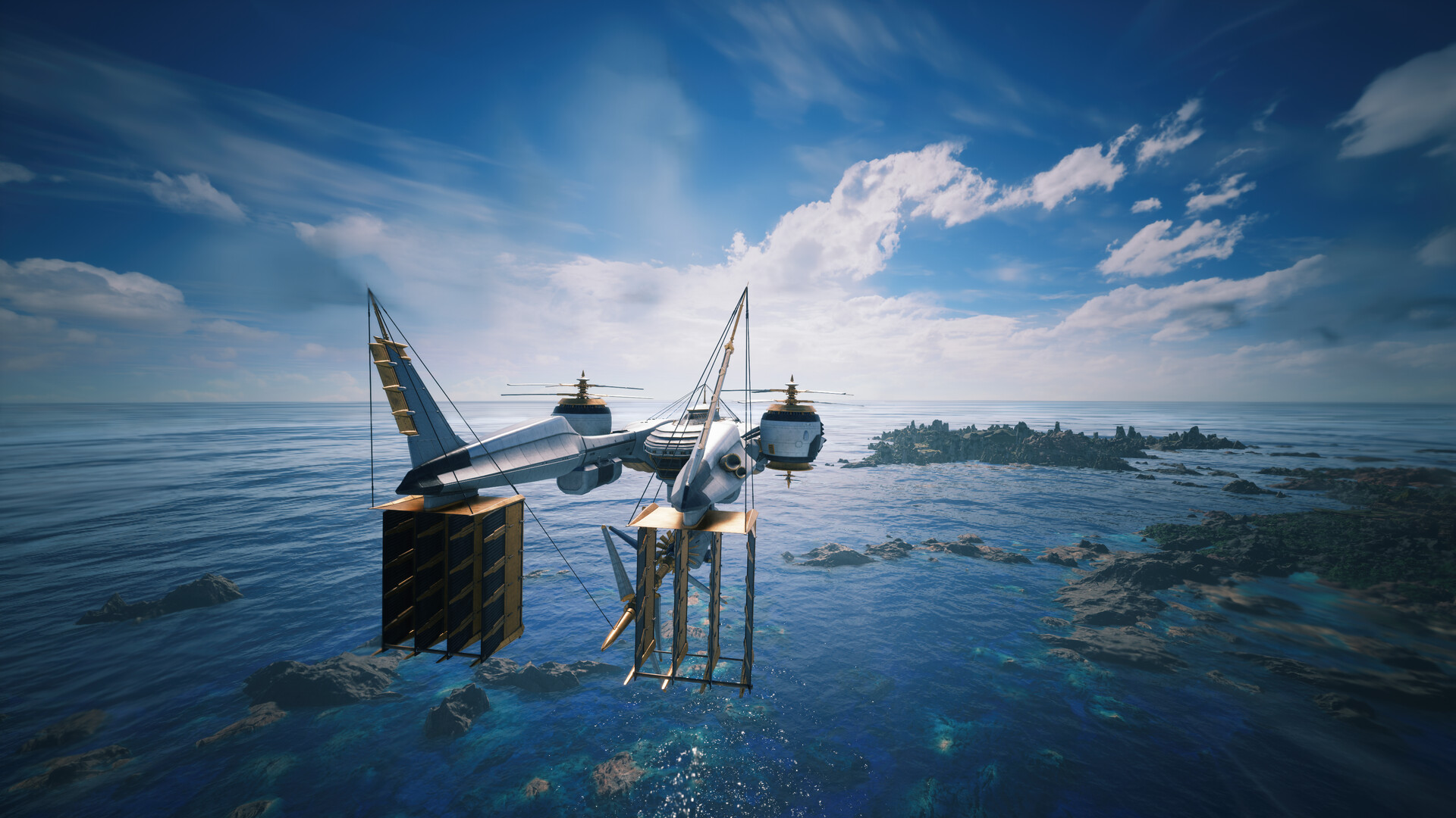 The airship Highwind flying over the sea
